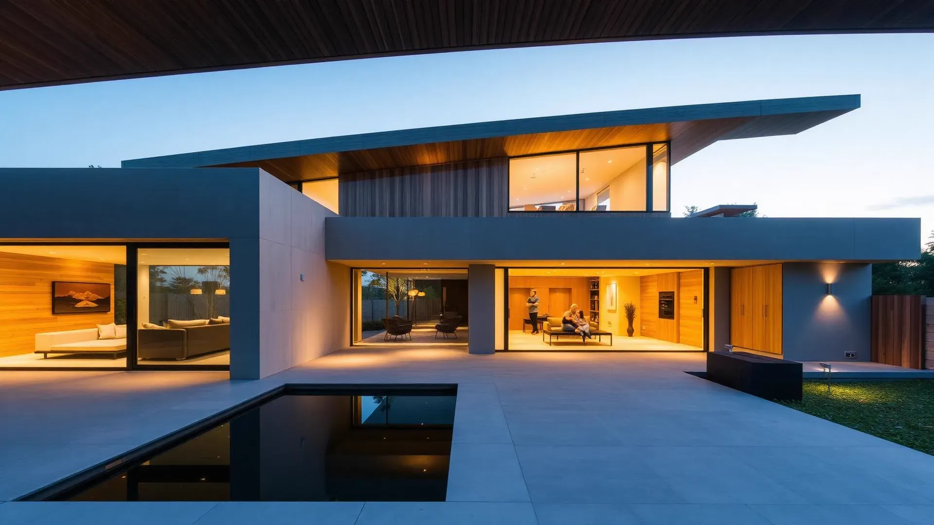Residência contemporânea de alto padrão ao anoitecer, com a família vivendo os ambientes integrados
